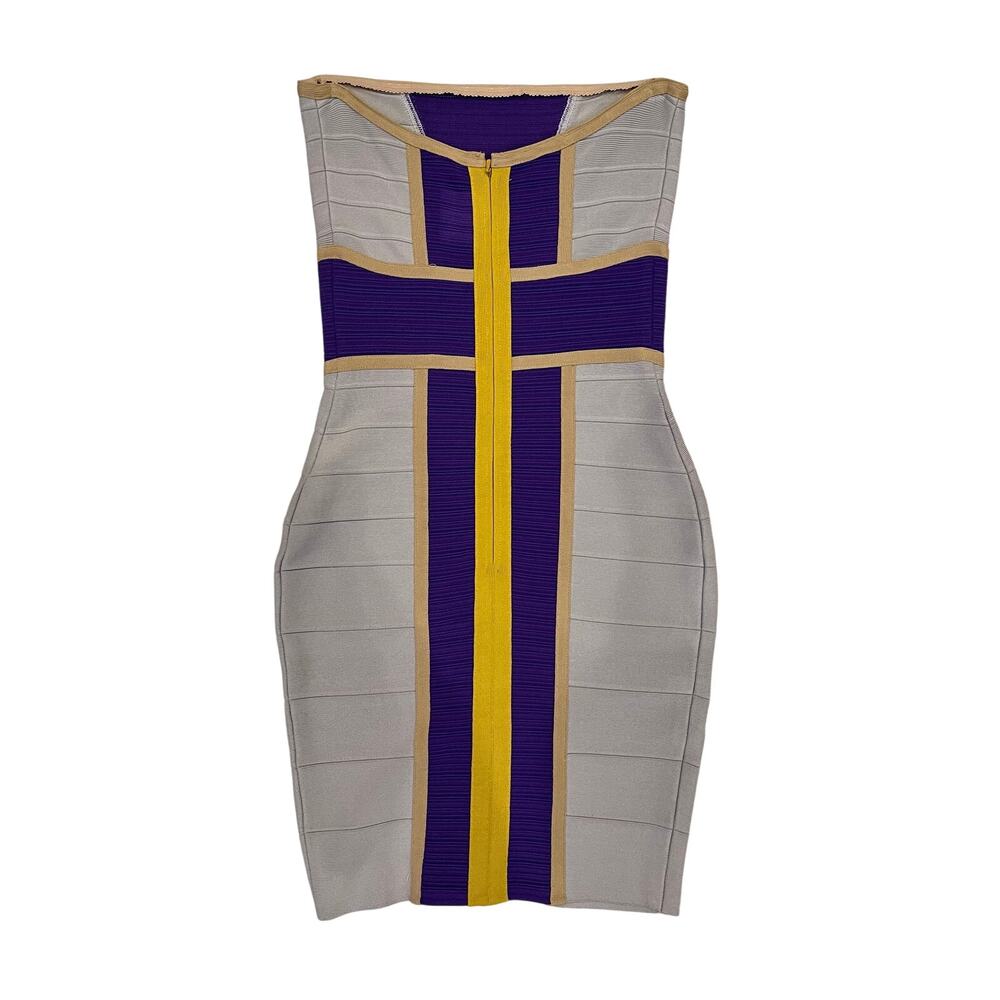 Cut25 Colorblock Strapless Bandage Bodycon Dress Gray Purple Tan M